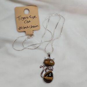 Women's Tiger's Eye Stone Cat Shaped Pendant Necklace 20 Inches Long Silver NEW
